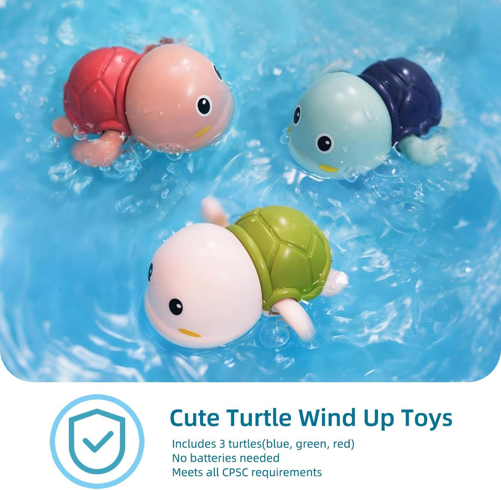 Bath Toys 3 Pack with 3 Colors | Cute Swimming Turtles Wind Up Toys for Baby Toddlers 1+ Years Old | Floating Bath &