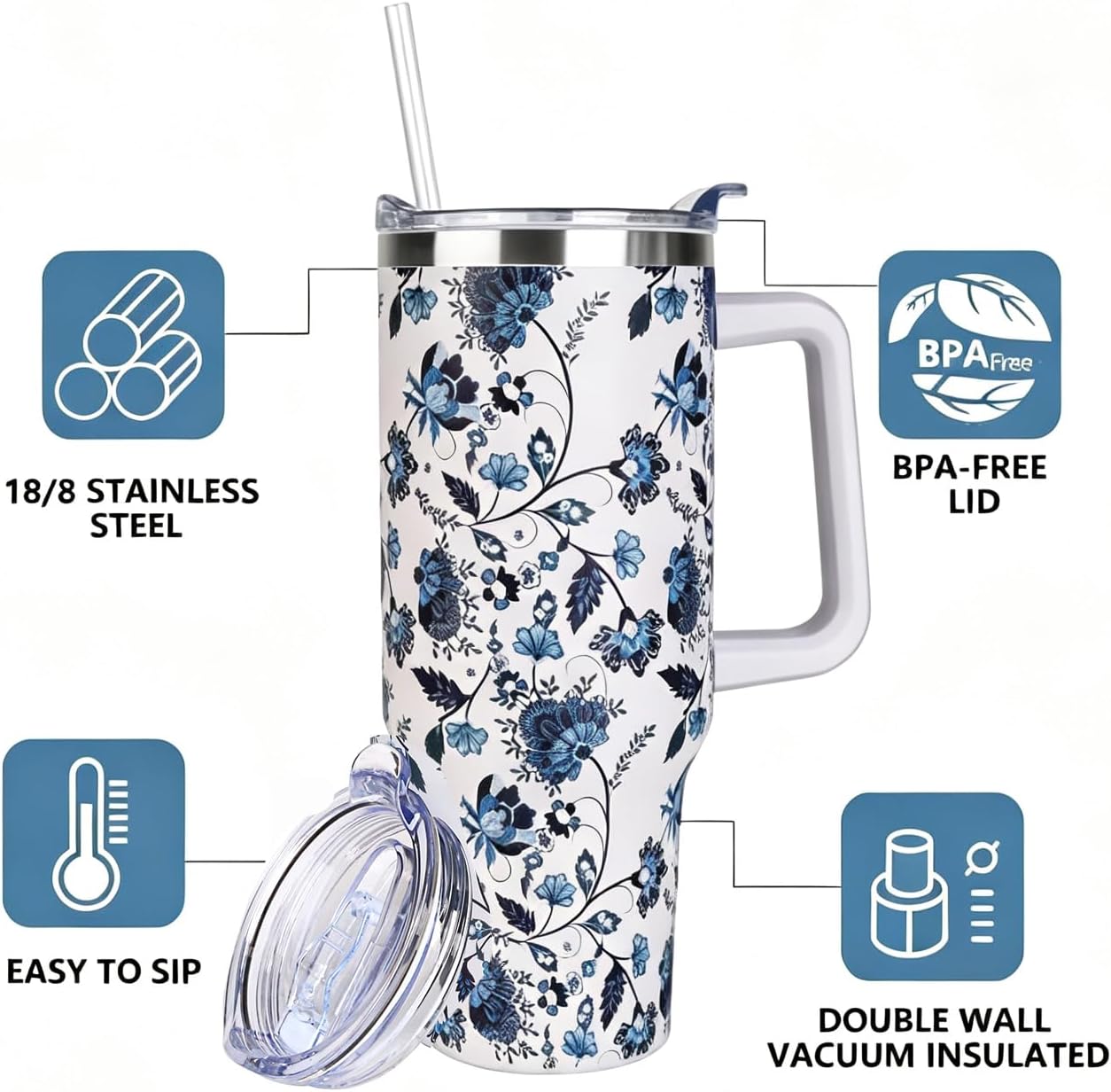 40 oz Tumbler with Handle and Straw Stainless Steel Insulated Tumbler Leak Proof Lid and Straw Lid Reusable Travel