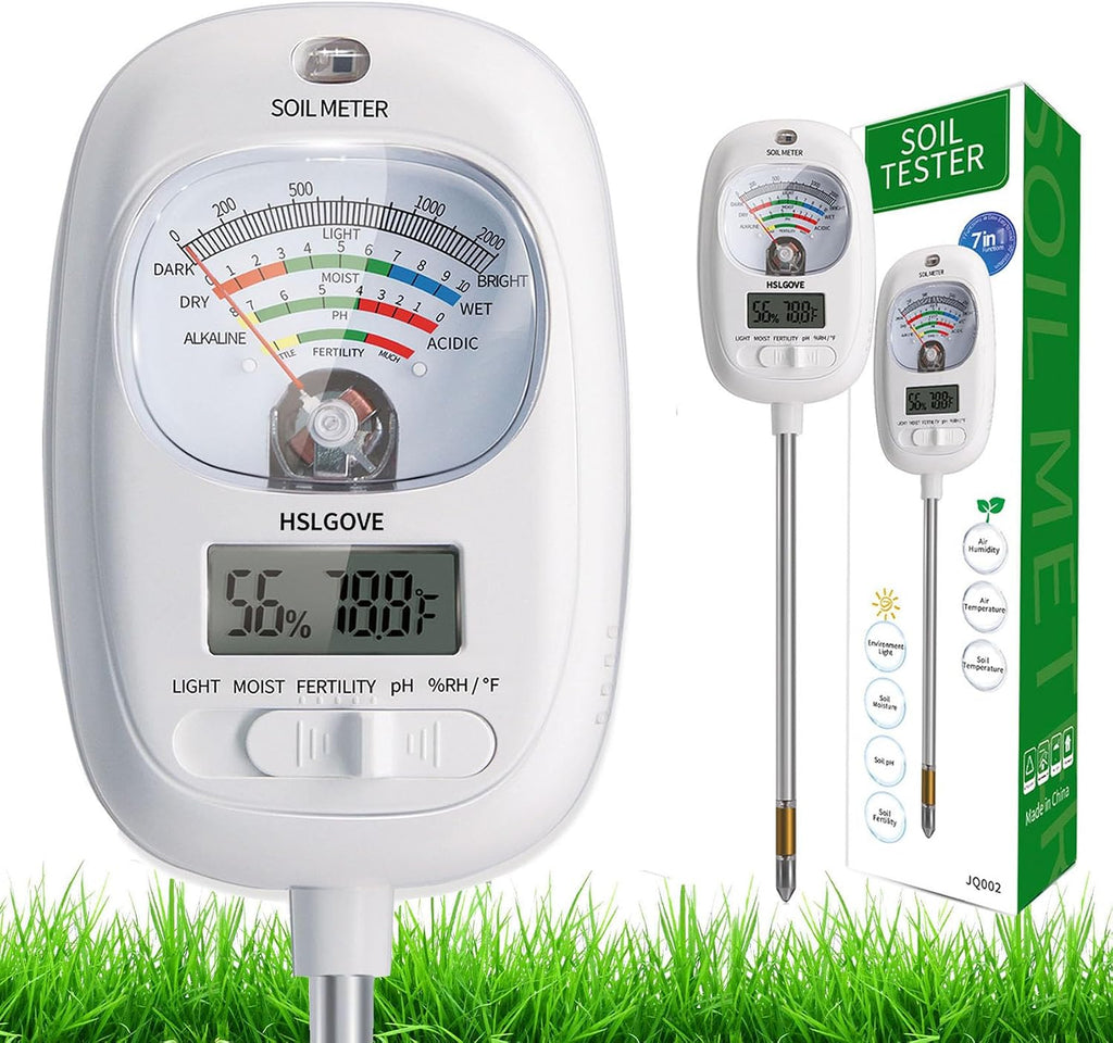 Soil Test Kit, 7-in-One Soil Moisture Meter/Soil PH Meter/Fertility, Dual Screen Soil Tester w/Digital Soil Temp/Air