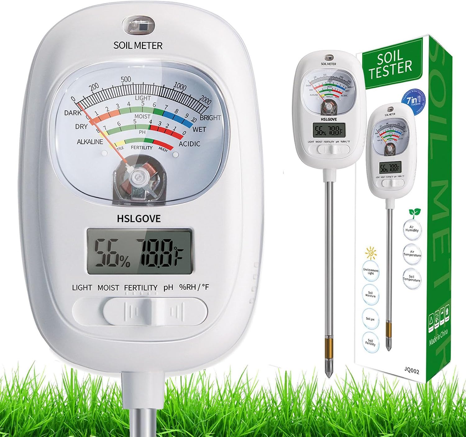 Soil Test Kit, 7-in-One Soil Moisture Meter/Soil PH Meter/Fertility, Dual Screen Soil Tester w/Digital Soil Temp/Air