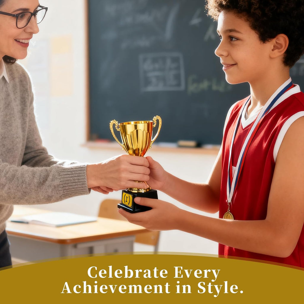 7.48" Gold Plastic Trophy Award with Pre-Attached 1st Place Label, Small Winner Cup for Kids Sports, Parties, School
