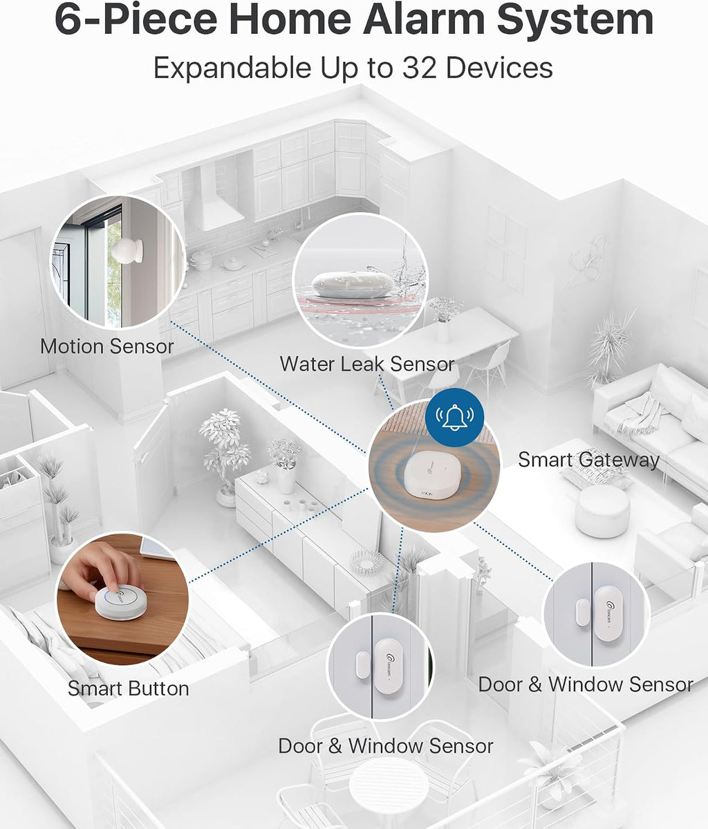 Wireless Alarm System 6 Pieces Kits for Home Apartment | 1 Smart Hub, 2 Door & Window Sensors, 1 Smart Button, 1 PIR