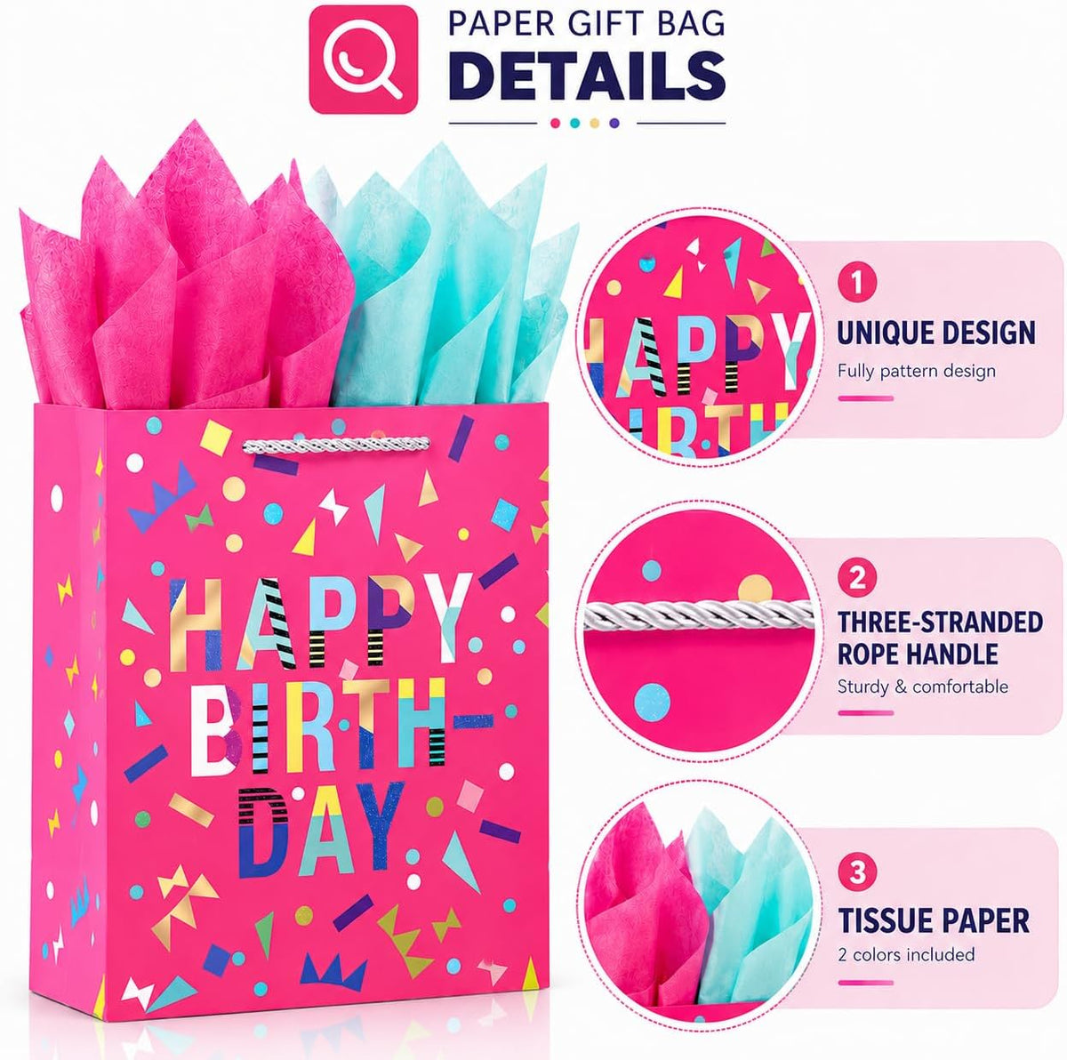 Extra Large Birthday Gift Bags, 2 Pack, 16.5 x 6 x 12 Inch