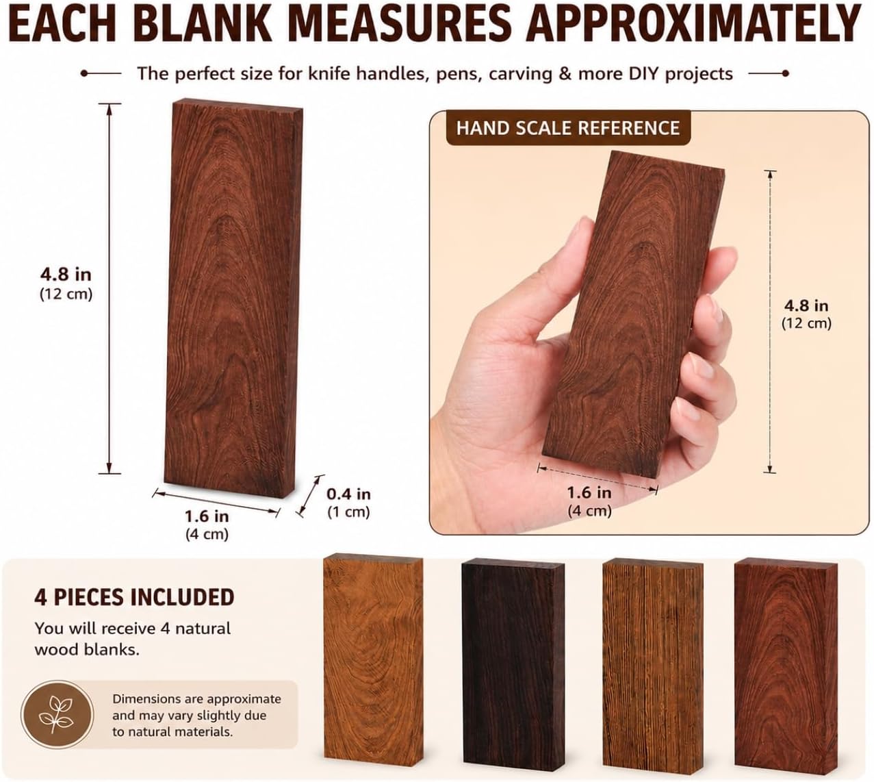 Knife Handle Material Wood Scales Blanks Kit, 4 Pieces, 4.8 x 1.6 x 0.4 in | Four unfinished natural wood blanks for