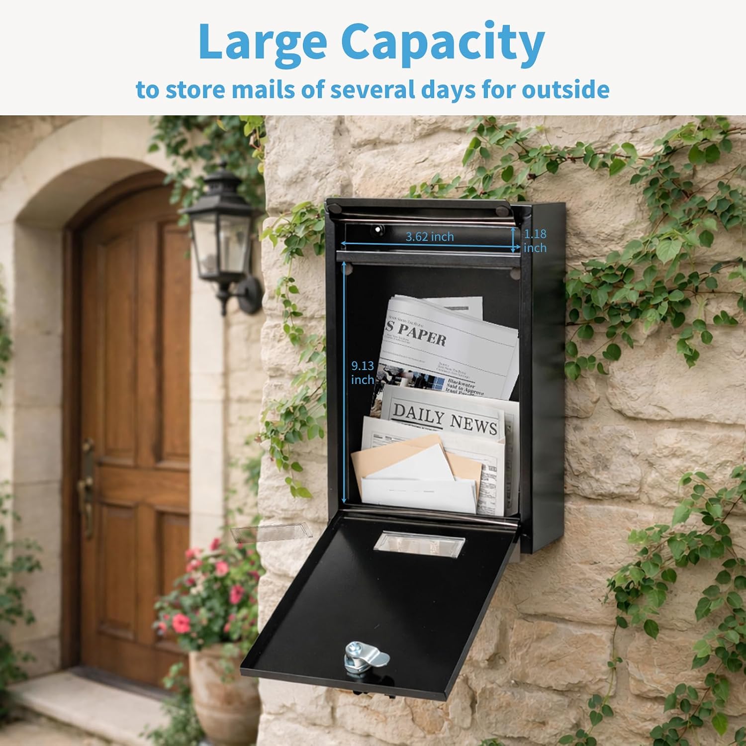 Lockable Wall Mount Mailbox Black 12.6 x 8.5 x 3.3 Inches | Galvanized Steel Waterproof Secure Medium Capacity Mail