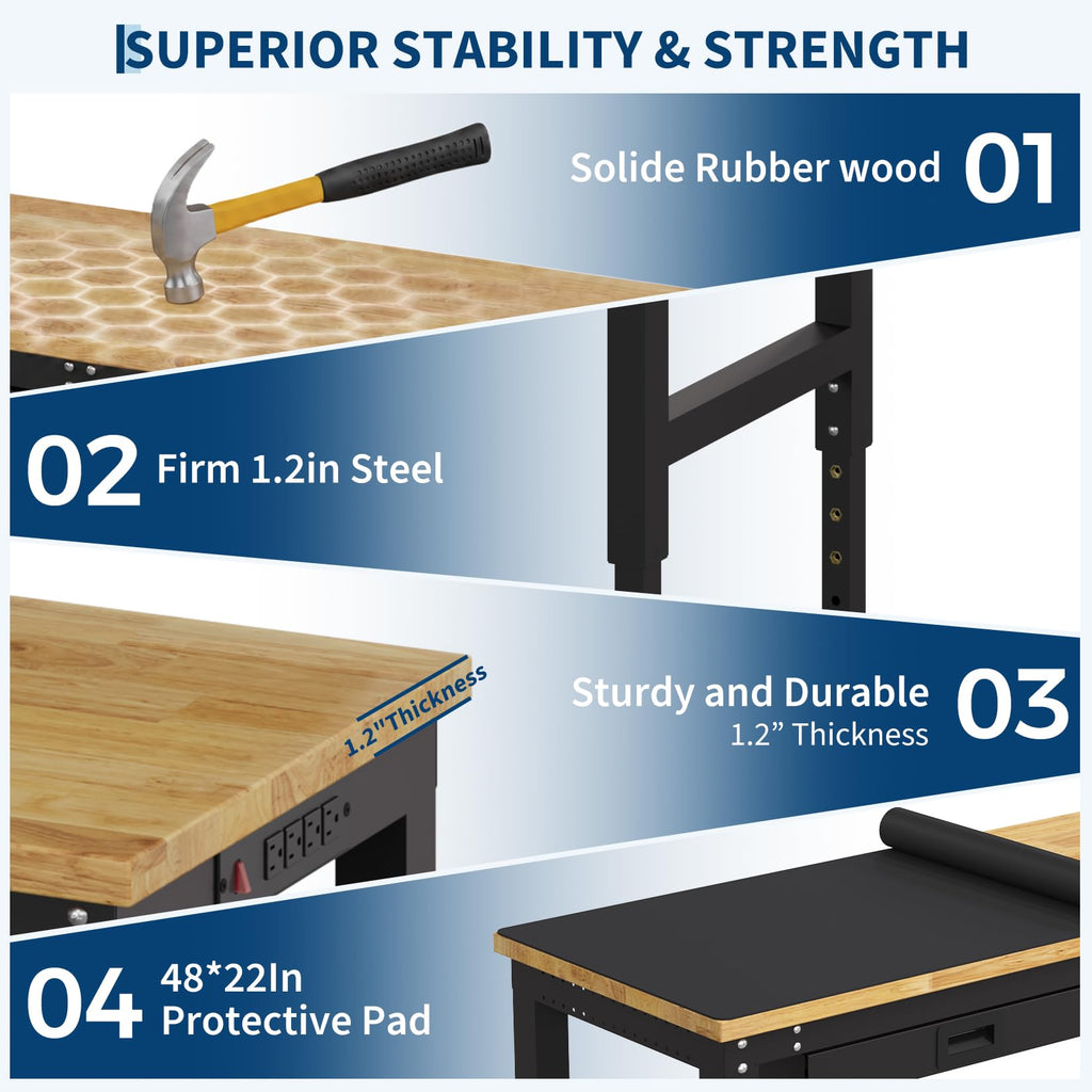 48" Adjustable Workbench, 2500 Lbs Capacity Heavy-Duty Work Bench Table