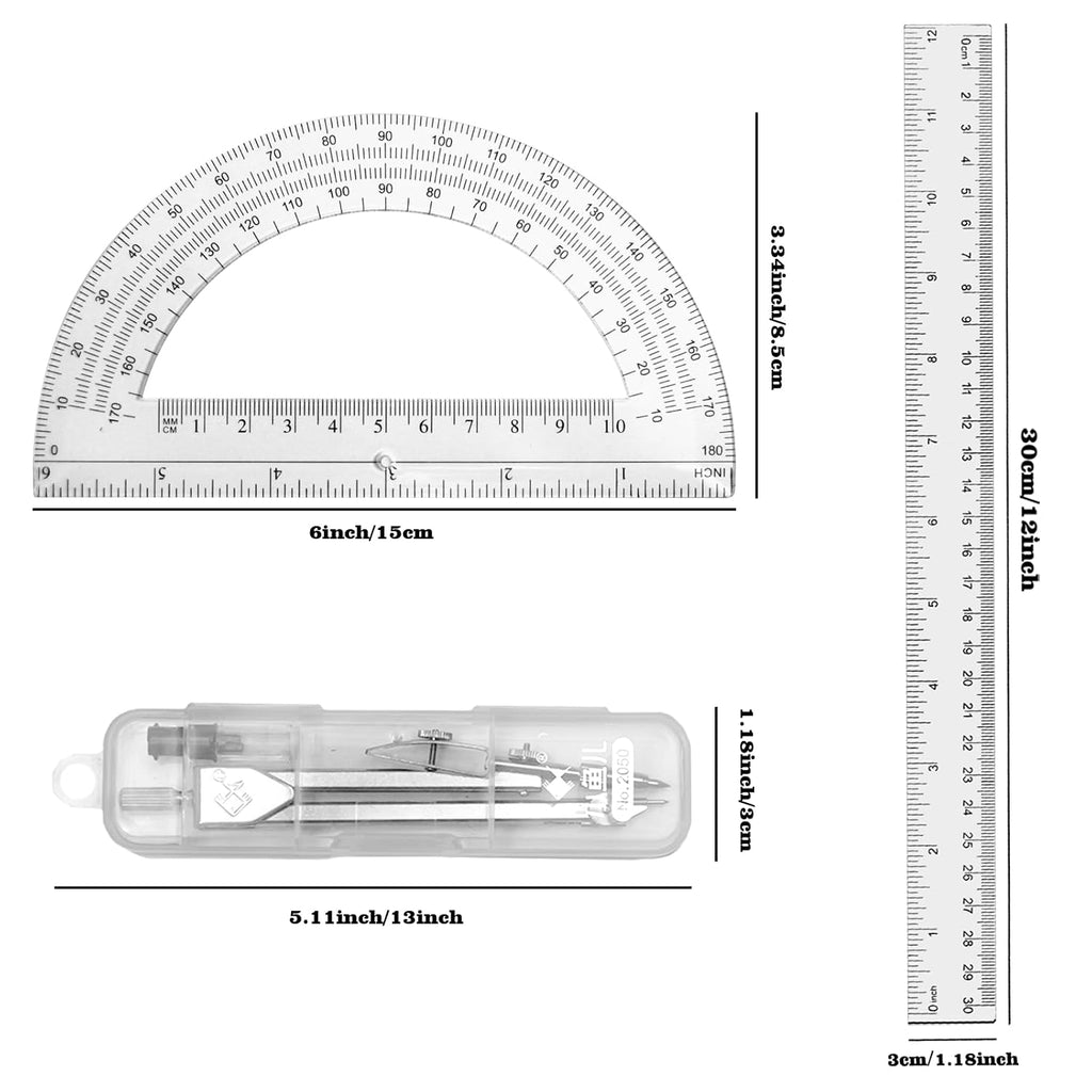 3 Packs Plastic 12 Inch Ruler,6 Inch Clear Protractor and Compasses Set Student Geometry Math Set for Classroom Set