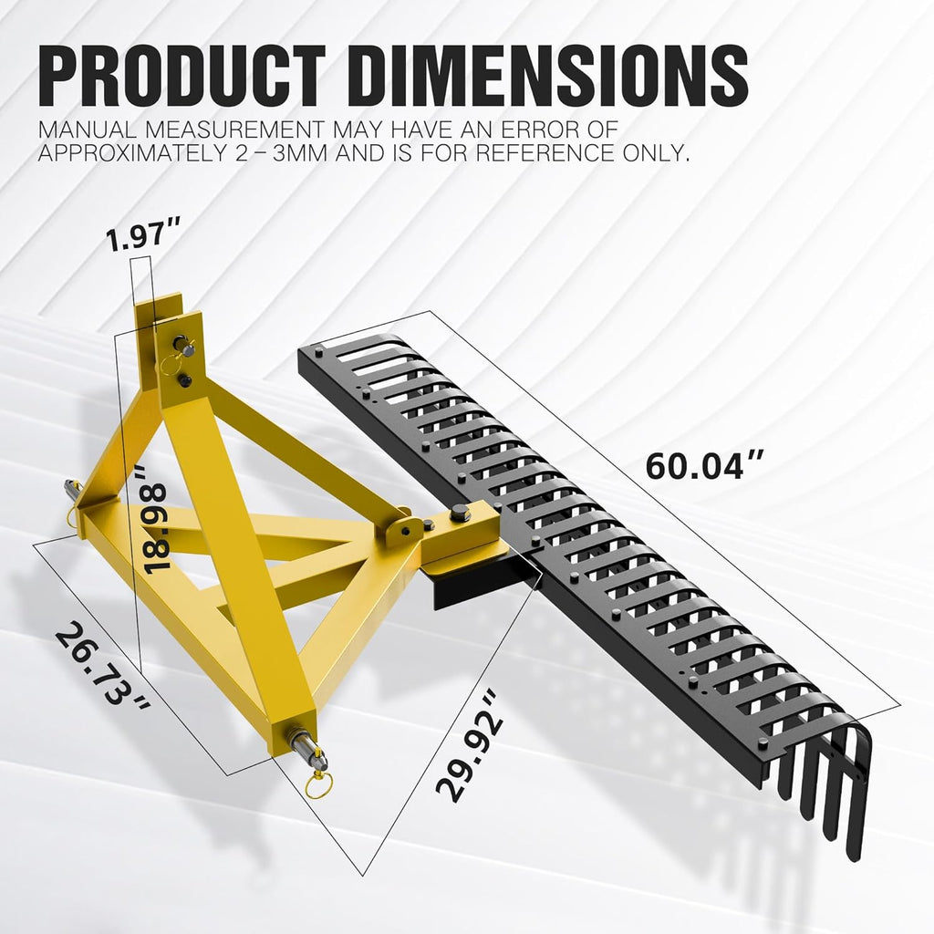 60" 3 Point Rock Rake for Tractors, Heavy-Duty Landscape Rake with 360° Rotation, Category 1 Hitch Attachment