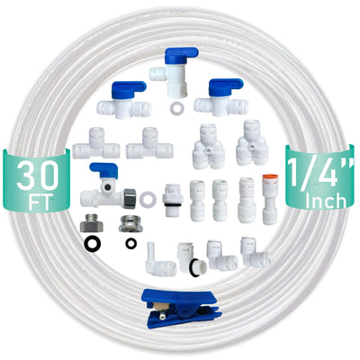 ESHIONG NSF Certified 1/4" O.D. Push to Connect Fittings for RO (Reverse Osmosis) Water Filter（with Shut-Off T Valve）18 pcs+30 feet 1/4" Water tubing.