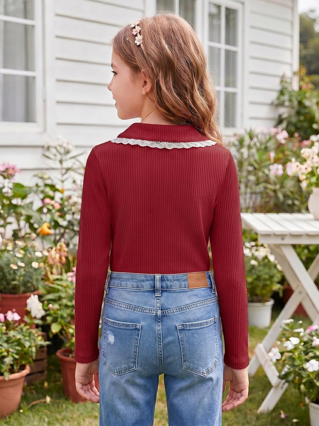 Girls Long Sleeve Polo Shirts Peter Pan Collar Knit Tops 5-14Y | Kids Ribbed Knit School Uniform Shirt, Cute Collared