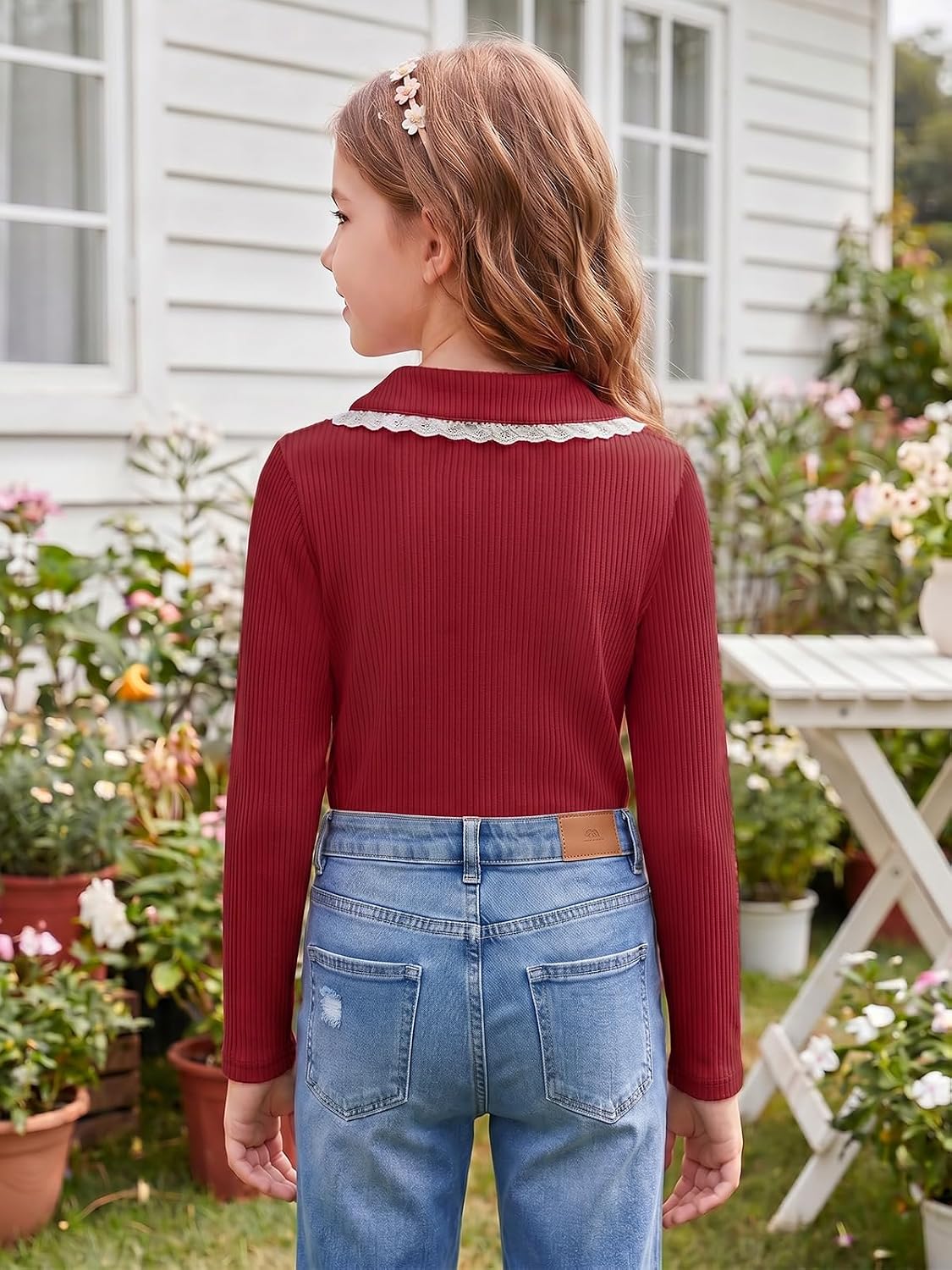 Girls Long Sleeve Polo Shirts Peter Pan Collar Knit Tops 5-14Y | Kids Ribbed Knit School Uniform Shirt, Cute Collared