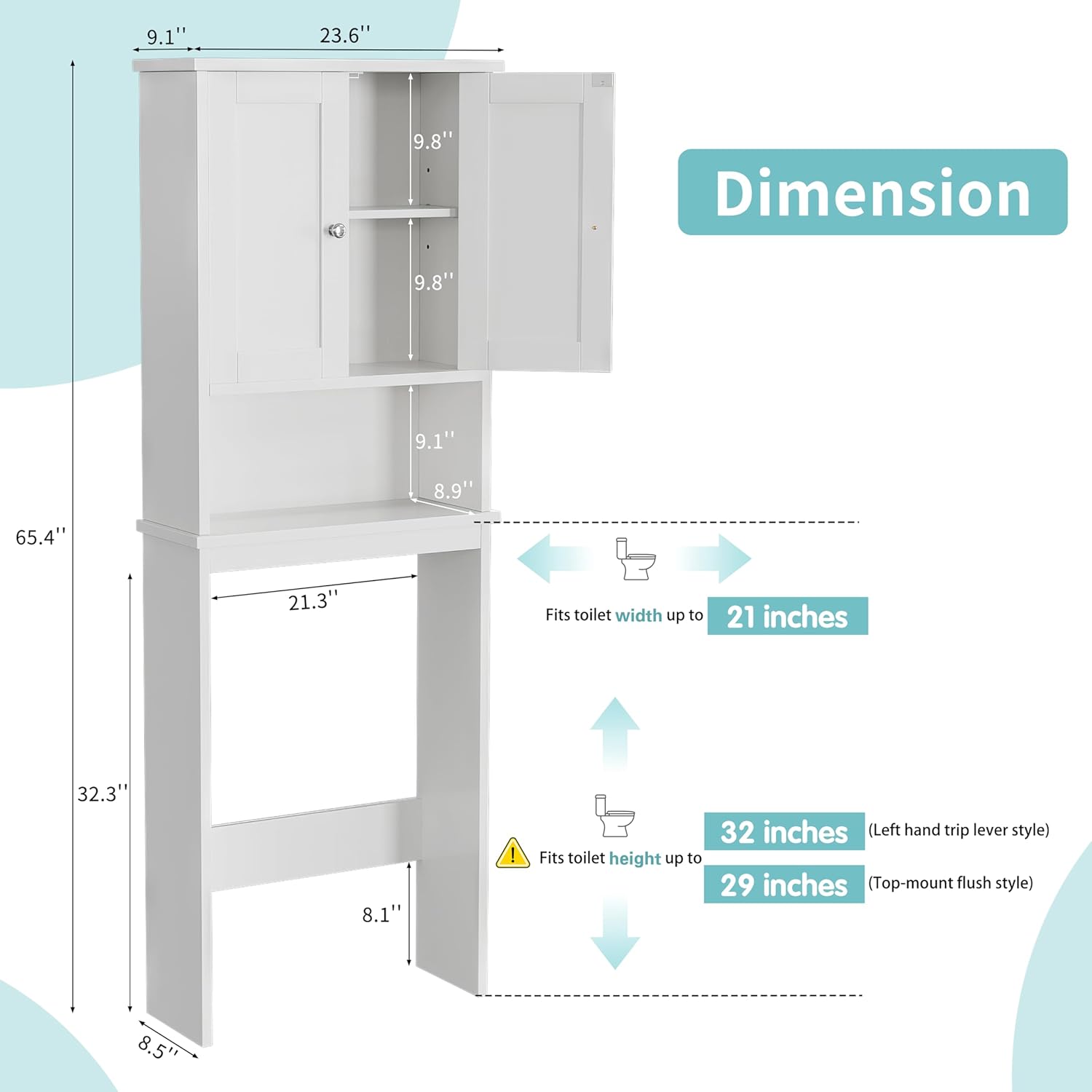 Over the Toilet Storage Cabinet, Bathroom Shelf Organizer with Anti-Tip Device Small Freestanding Space Saver with