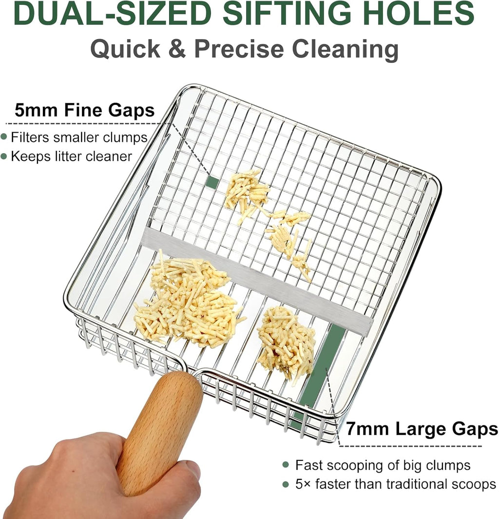 Cat Litter Scoop with Holder, Heavy Duty Litter Sifter, Stainless Steel Litter Shovel, Litter Scooper with Beech Wood