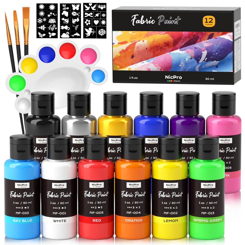 12 Colors Fabric Paint (1oz/30ml) with Brushes, Palette, Stencils