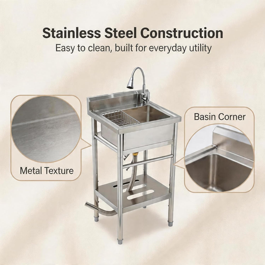 Stainless Steel Utility Sink, 22'' × 20'' × 39'' Freestanding Stainless Steel Single Bowl Laundry Sink with swivel