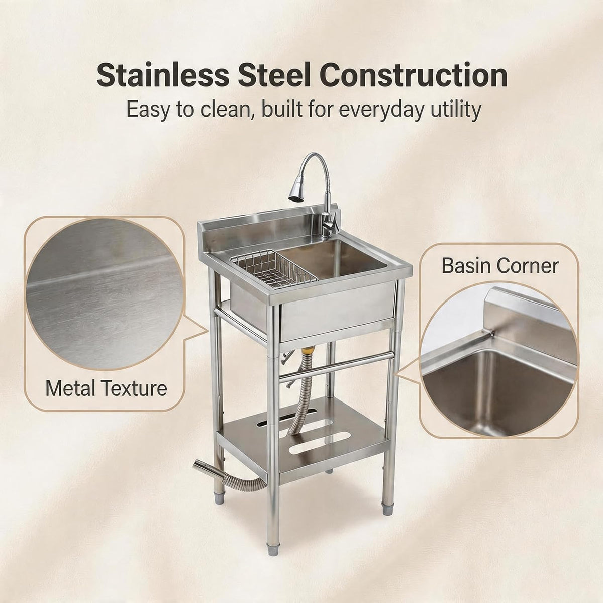 Stainless Steel Utility Sink, 22'' × 20'' × 39'' Freestanding Stainless Steel Single Bowl Laundry Sink with swivel