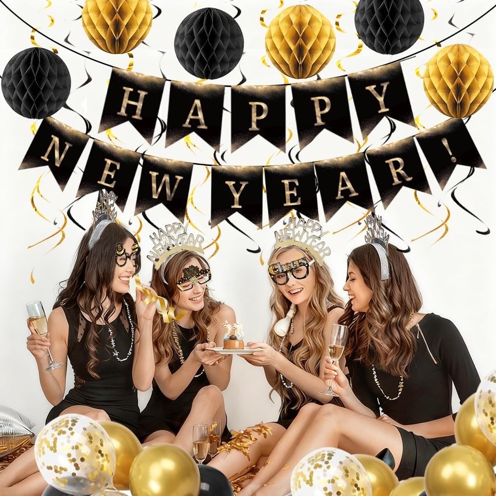 Happy New Year Eve Party Supplies 2027– Complete New Years Decorations Set with Happy New Year Banner, Black & Gold