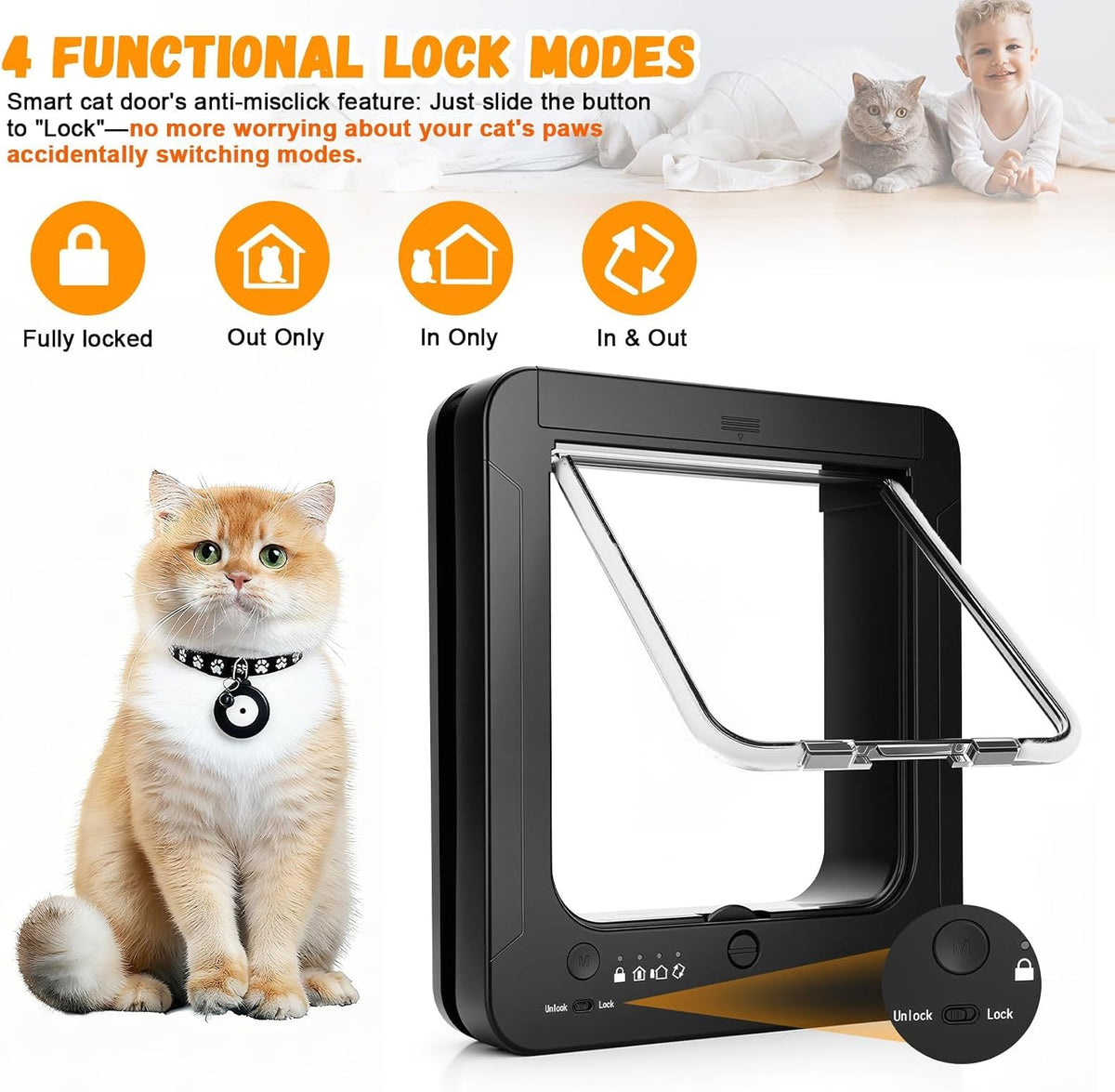 Smart Cat Door for Interior & Exterior, Cat Pet Door with 3 Collar Sensor Keys & 1 Remote Control & 4 Way Locking Cat
