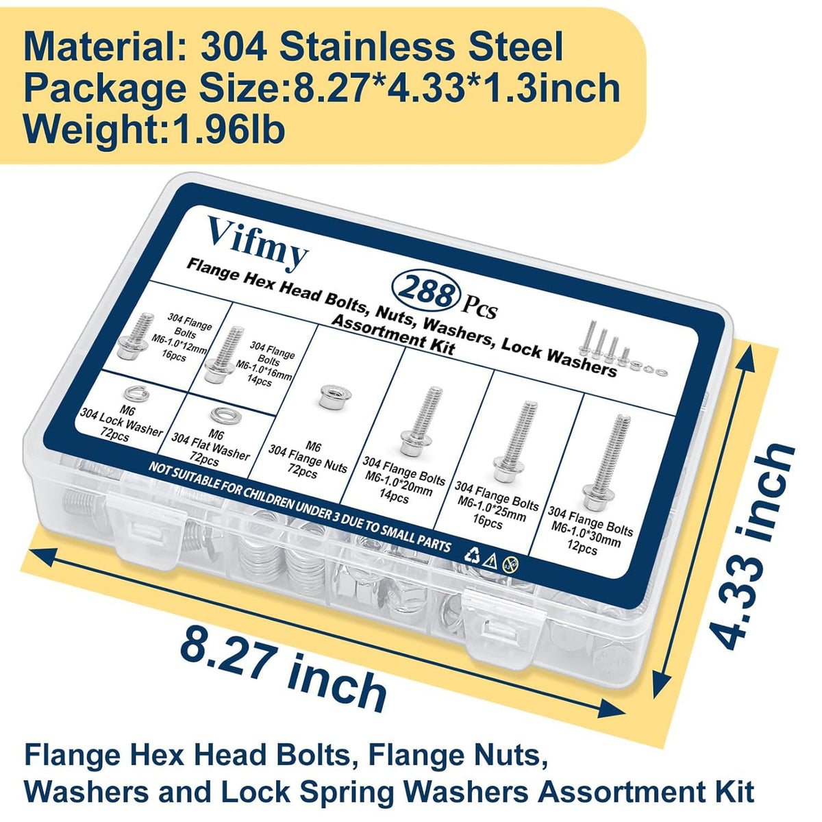 M6-1.0 Flange Bolt & Nut(12/16/20/25/30mm) Assortment Kit Stainless 288Pcs
