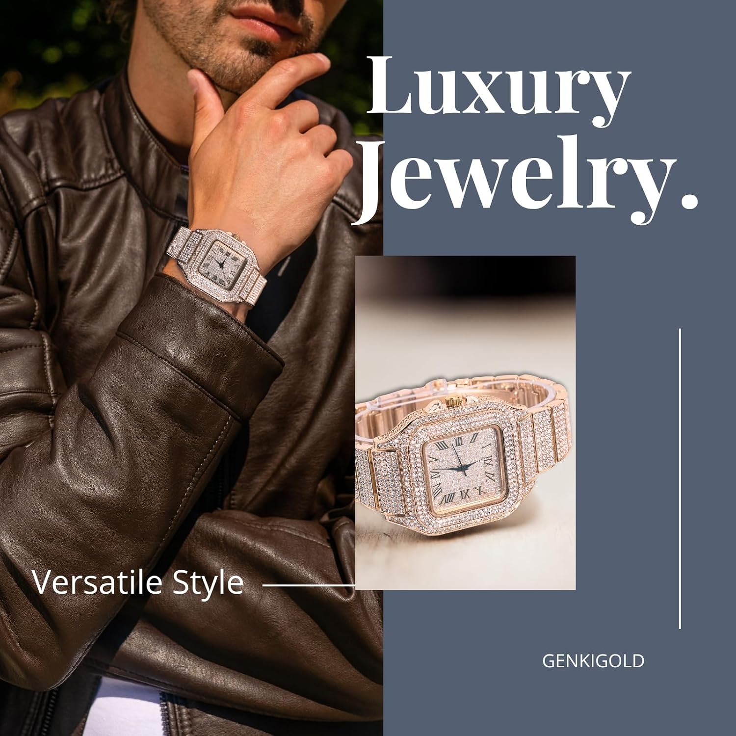 Diamond Watch for Men - 40mm Roman Numerals Square Dial - 18K Real Gold/Platinum/Rhodium Black/Rose Gold Plated 8.7"