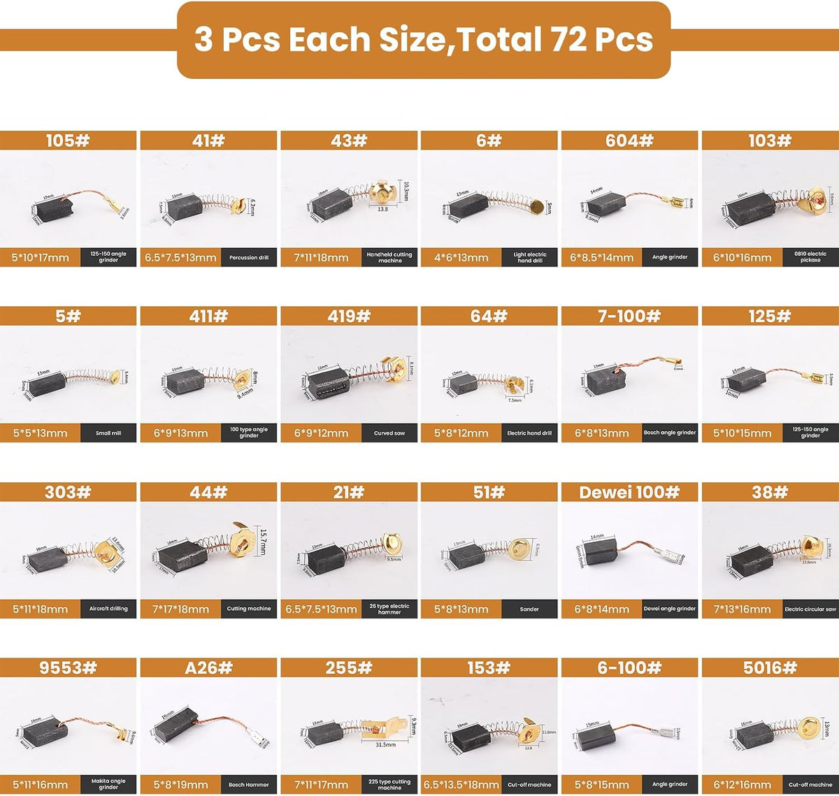 72Pcs Electric Motor Carbon Brushes Set, 24 Different Sizes
