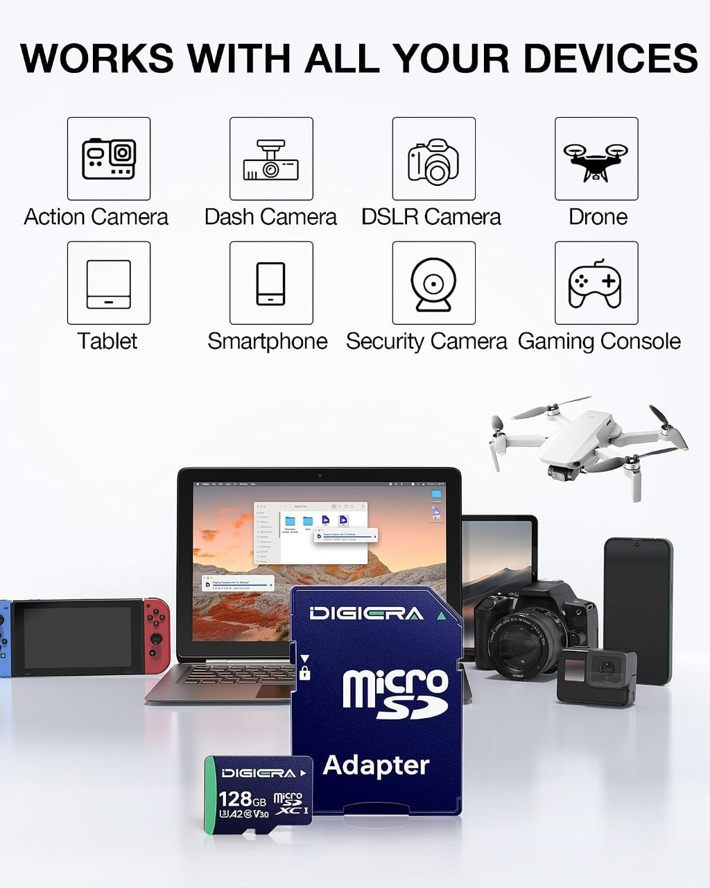 128GB CT100 microSDXC UHS-I Memory Card with Adapter - up to 100MB/s, C10, U3, V30, 4K UHD, A2, Micro SD Card for