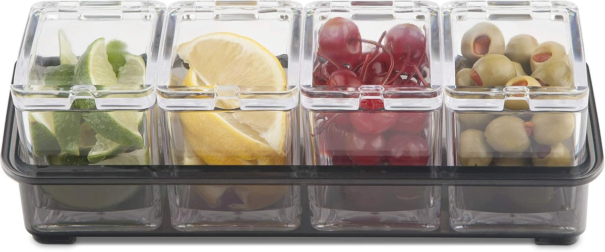 Cocktail Garnish Bar Tray for Bartenders, 4 Containers with Lid