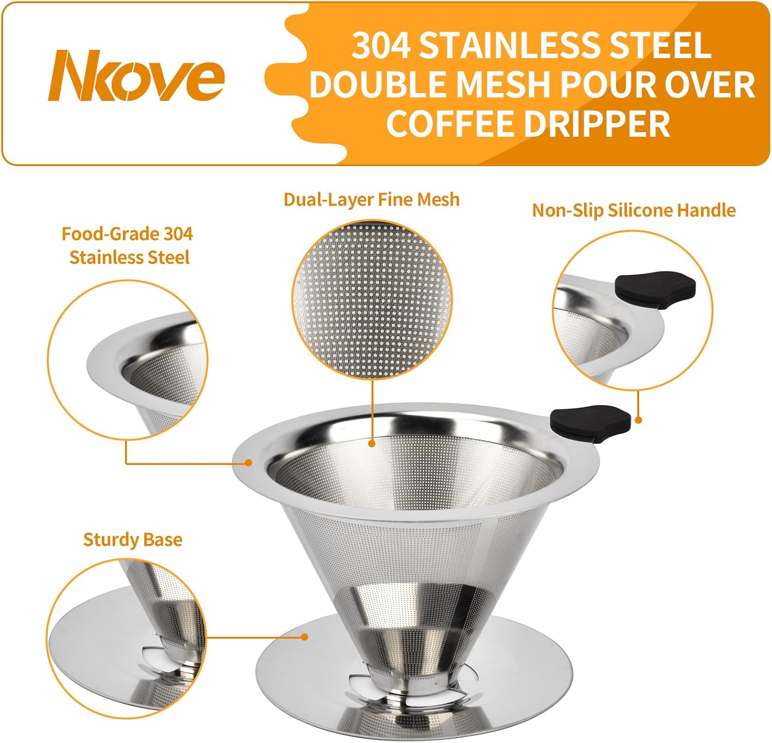 Pour Over Coffee Dripper Stainless Steel Reusable Filter Coffee Maker | Reusable Metal Cone Filter, Fine Mesh