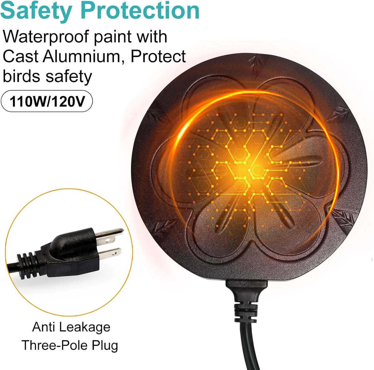 110W Bird Bath Heater for Outdoors in Winter, Submergible Cast Aluminum Chicken Water Heater with Thermostatically