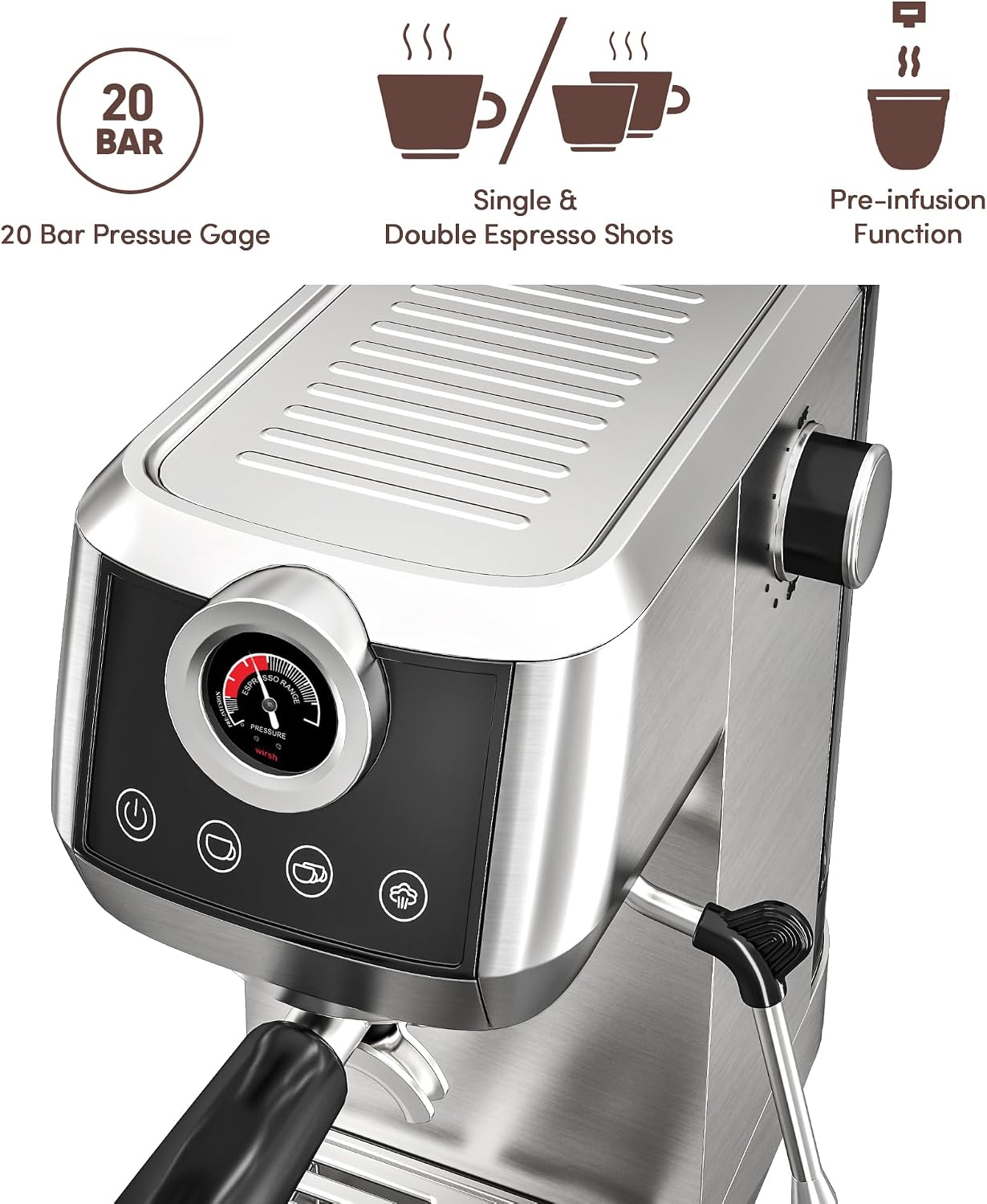 Espresso Machine,20 Bar Semi-Automatic Espresso Maker with Milk Frother Steamer&Touch Screen,Compact Stainless Steel