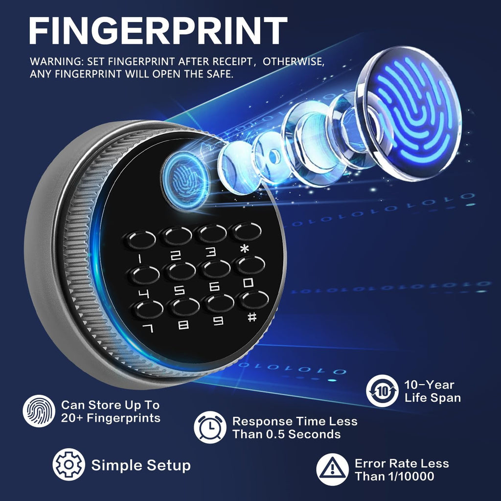 0.6 Cubic Feet Biometric Safe, Fingerprint Safe W/Fireproof Bag, Removable Shelf, Alarm System, Digital Electronic