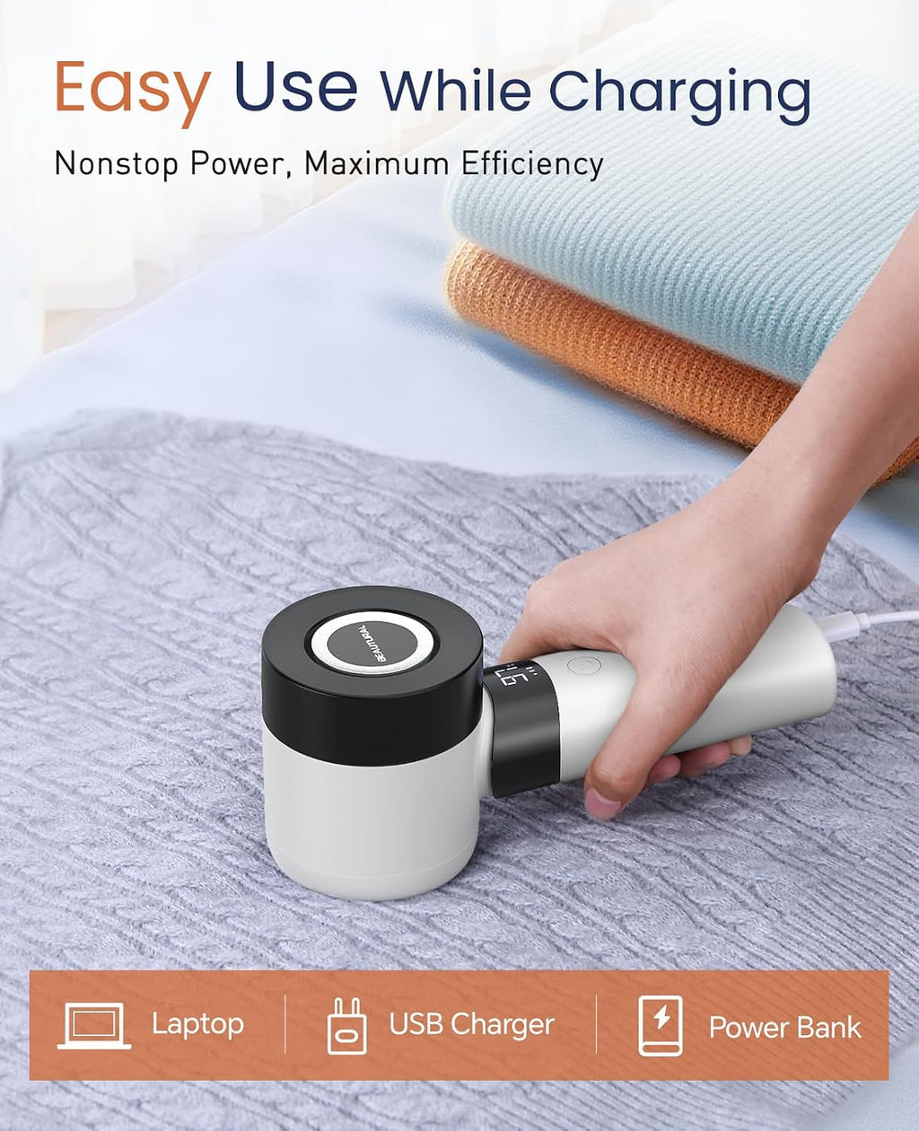 Fabric Shaver and Lint Remover, Rechargeable Sweater Defuzzer | LED Display, 3-Speed Settings, 6 Leaf Blades