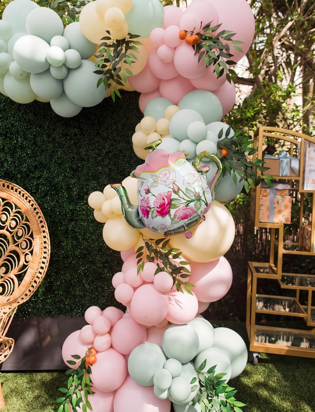 Tea Party Balloon Garland Arch Kit, 144Pcs Pastel Pink Green Yellow Balloons with Large Teapot Foil Balloons, Vintage