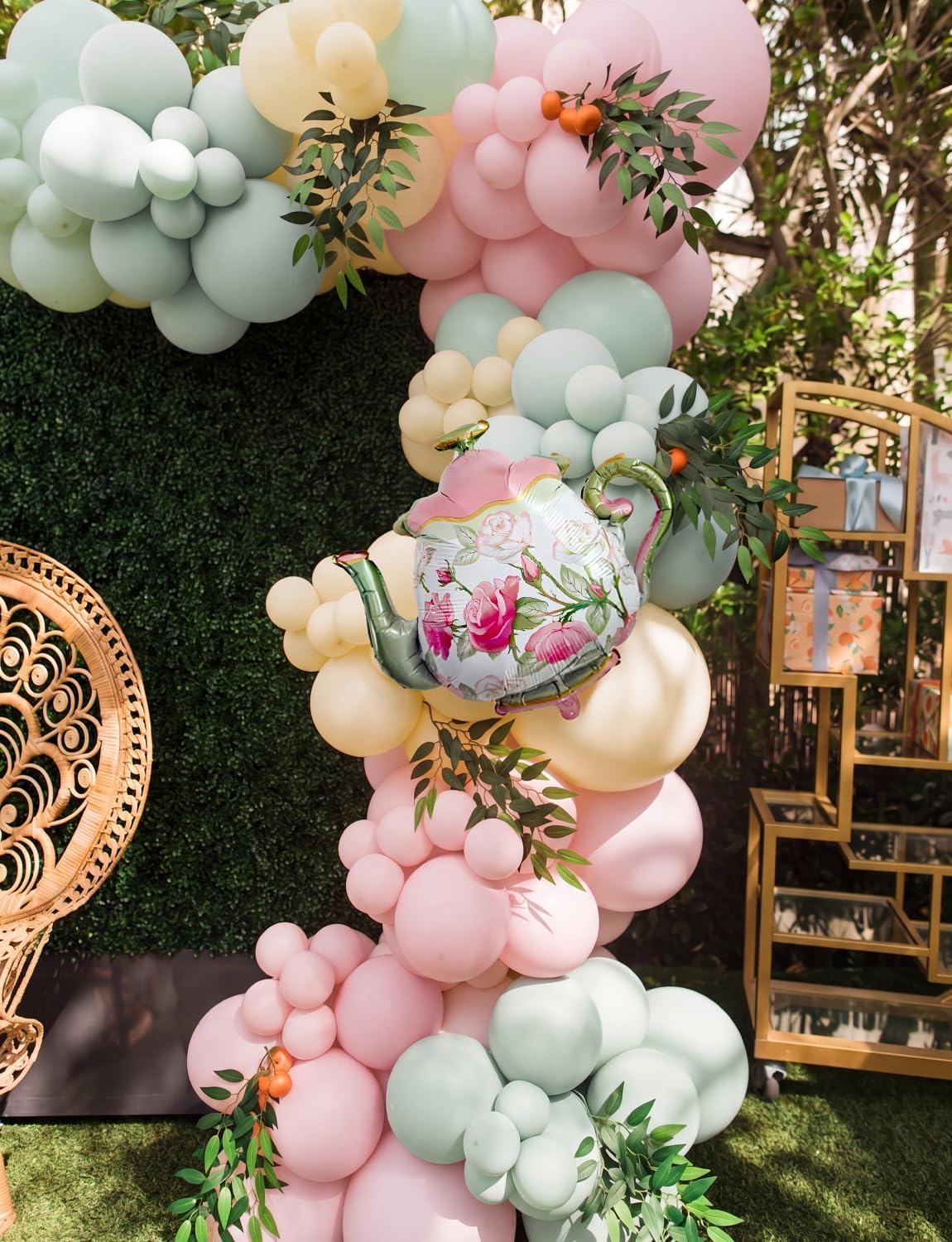 Tea Party Balloon Garland Arch Kit, 144Pcs Pastel Pink Green Yellow Balloons with Large Teapot Foil Balloons, Vintage
