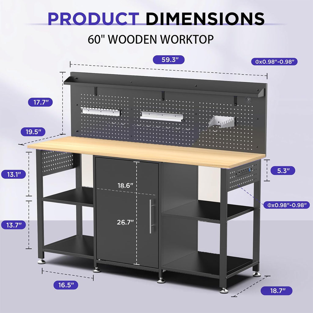 60 inch Workbench with Storage Locker and LED Lights, 2000 lb Capacity Heavy Duty Workbench for Garage, Height