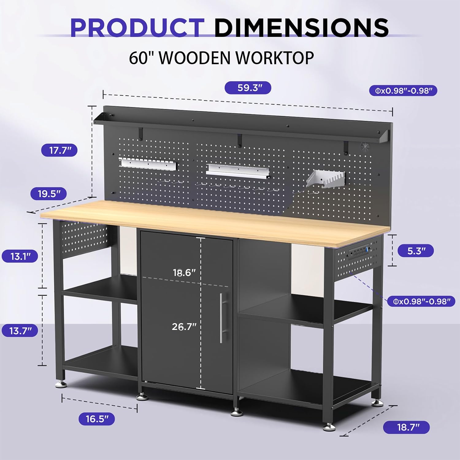 60 inch Workbench with Storage Locker and LED Lights, 2000 lb Capacity Heavy Duty Workbench for Garage, Height