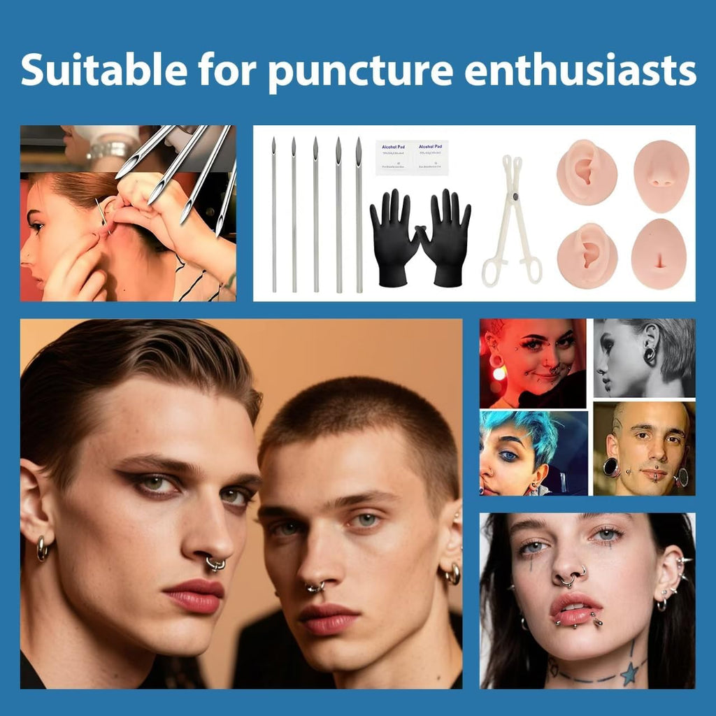 Piercing Kit -39Pcs Body Piercing Practice Kit with Silicone Ear & Nose Model - 25 Mixed Hollow Needles (12G-20G)