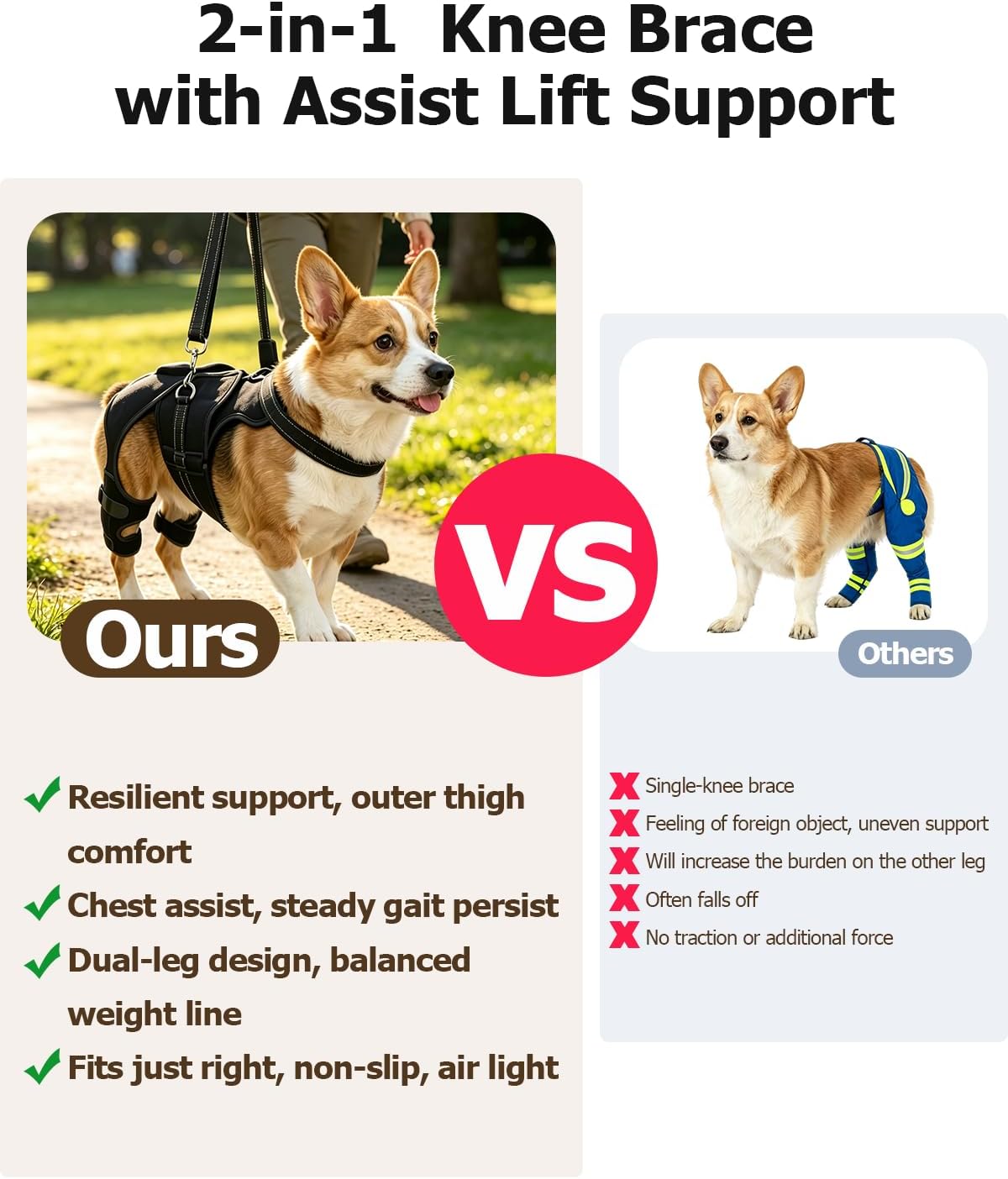 Dog Knee Brace and Lift Harness for Back Legs Rear Leg Support for Dogs with Detachable Lift Handle, Adjustable Dog