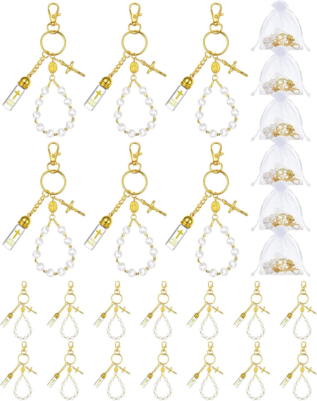 10 Set Holy Water Bottle Keychain with Rosary Bead Crucifix Organza Bags Catholic Gifts for Baptism Favors First