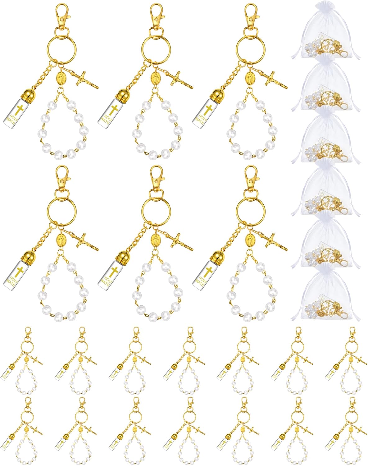 10 Set Holy Water Bottle Keychain with Rosary Bead Crucifix Organza Bags Catholic Gifts for Baptism Favors First