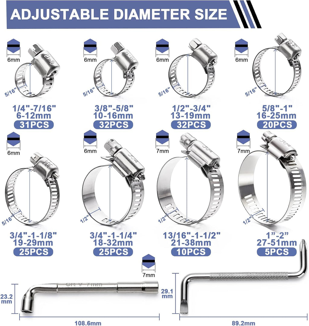 Hose Clamp Assortment- Vesmikit 180 PCS Stainless Steel Hose Clamps Kit | 1/4"–2"(6-51mm) Worm Gear Clamps for Fuel