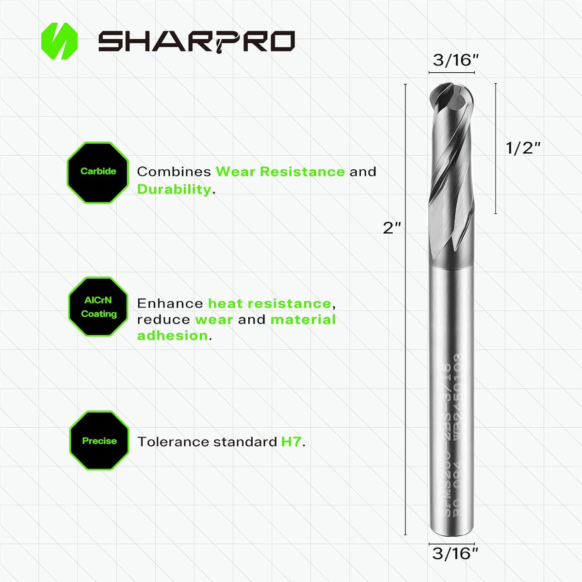 3/16'' Shank Carbide Ball Nose End Mill Bits, 2 Flute Solid Carbide
