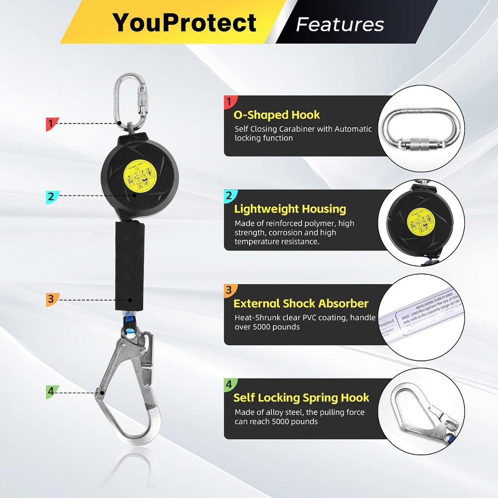 11FT Self Retracting Lifeline Fall Protection Retractable Lanyard, Fall Arrest Safety Yoyo for Construction
