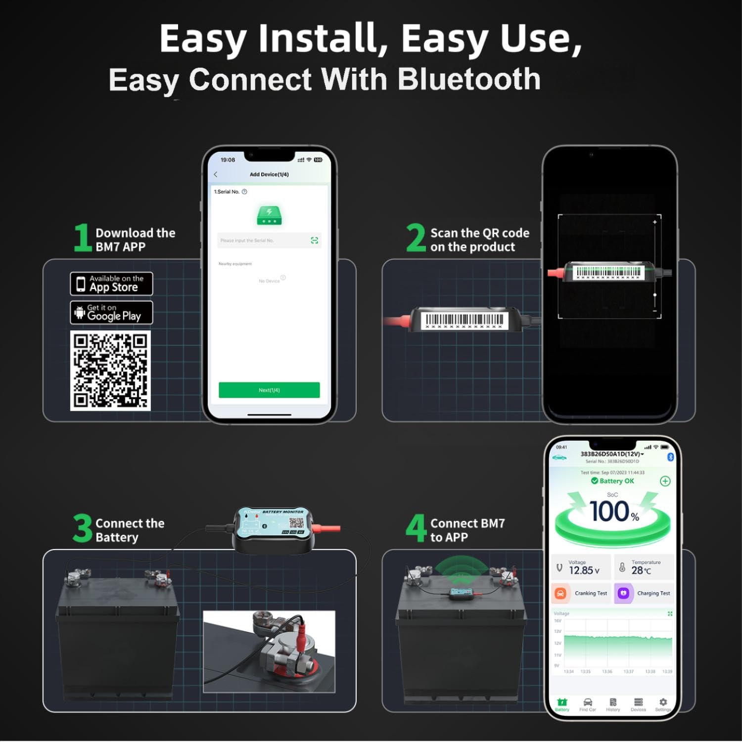 24V 12V 6V Bluetooth Battery Monitor BM7–Work for All Lead-Acid & Lithium Battery with Charging, Cranking System Test