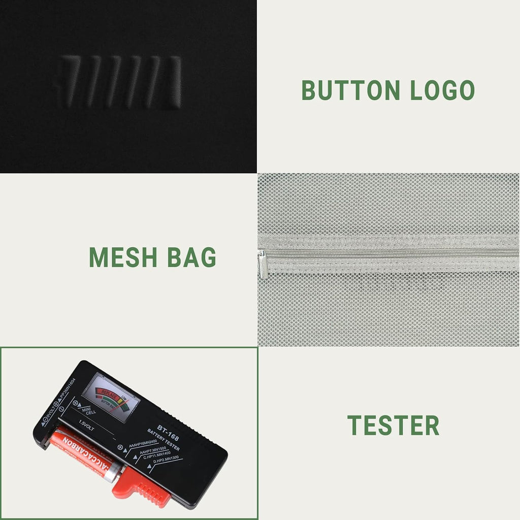 Battery Organizer Storage Case with Tester,88 Slot for AAA AA Button Cells | Mesh Pocket, Carrying Handle, Fireproof
