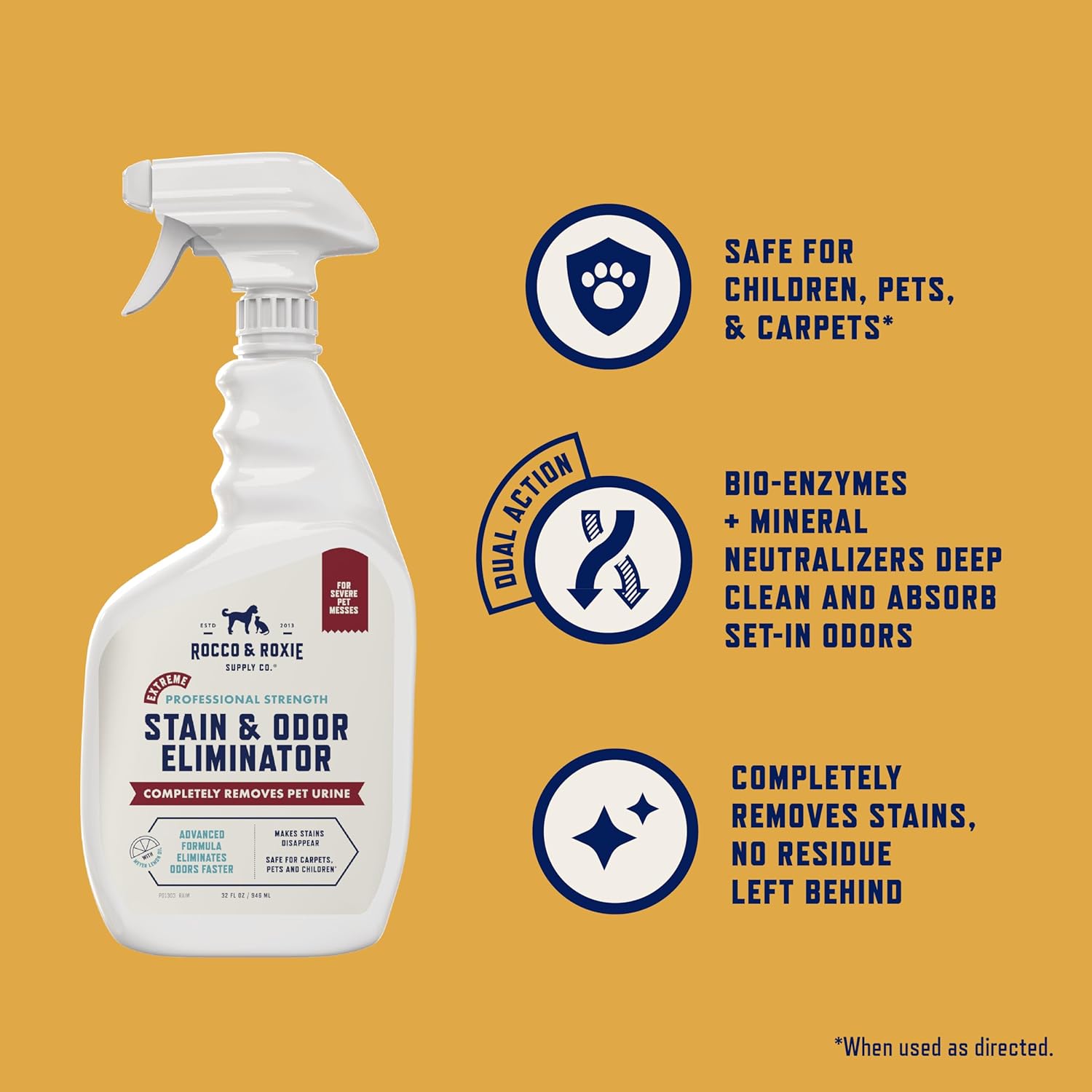 Rocco & Roxie Extreme Stain & Odor Eliminator for Strong Odor, Pet Urine Enzyme Cleaner Destroyer, Stain Remover, Dog