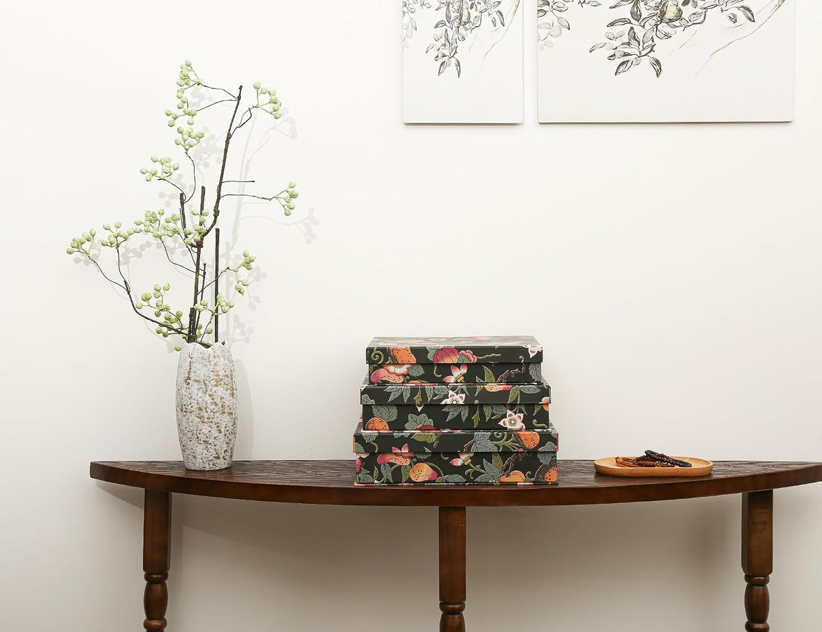 3-Piece Decorative Storage Boxes with Lids, Dark Botanical Floral & Fruit Pattern, Sturdy Cardboard Keepsake Boxes