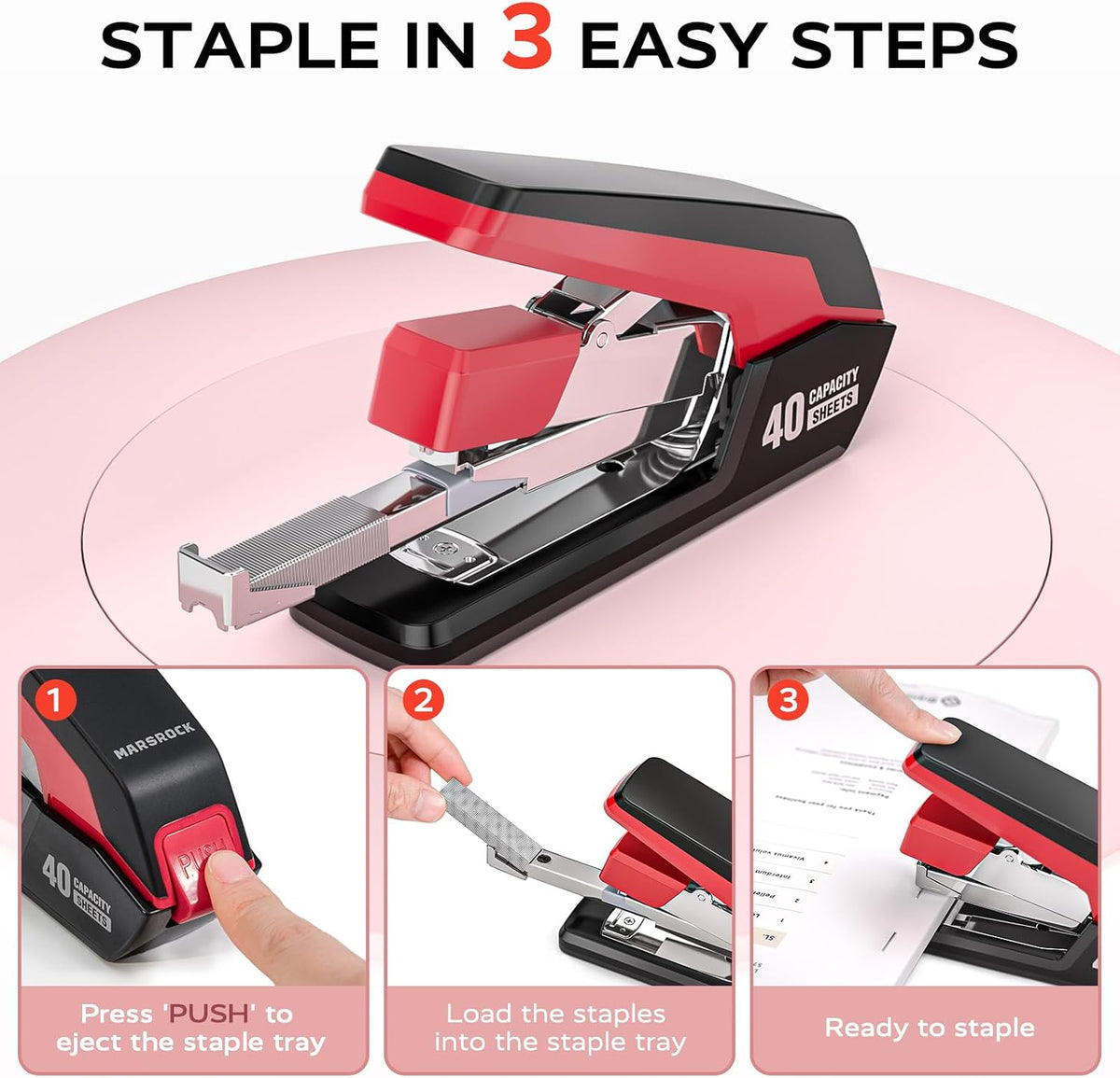 Heavy Duty Stapler for Desk with 40-50 Sheet, 2000 Staples, Red