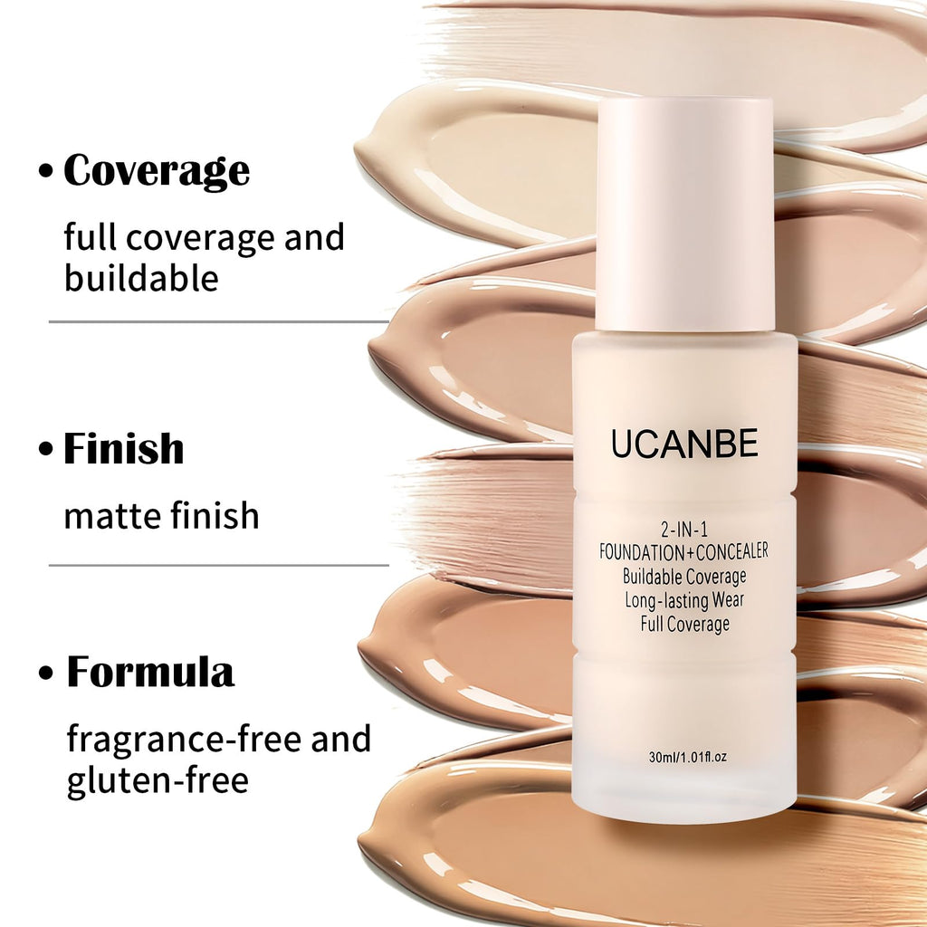 2-in-1 Foundation + Concealer, Full Coverage Makeup(01 Fair Ivory)