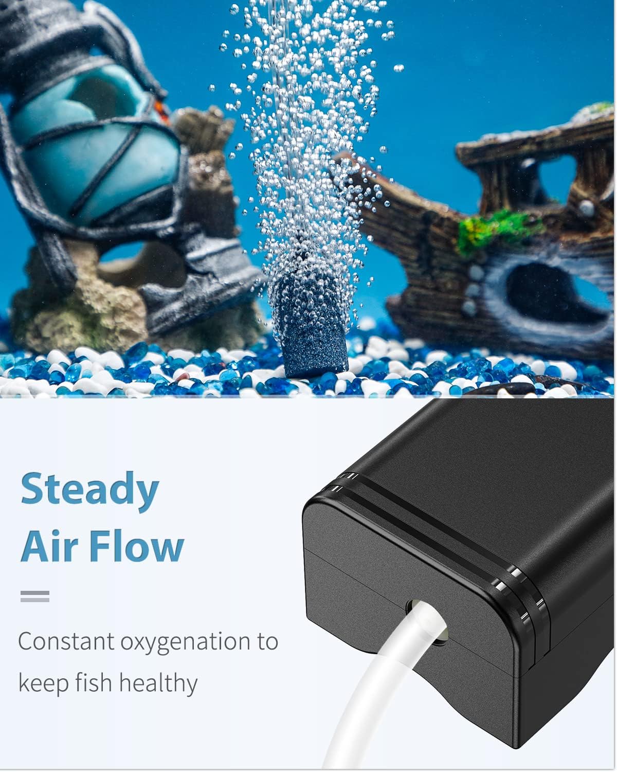 Mini Aquarium Air Pump for 3-20 Gallon Nano Fish Tanks 15 GPH Oxygen Aerator Pump with Bracket Airline Tubing Air